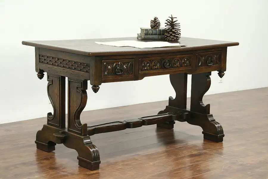 Main image of Oak Carved Antique Renaissance Design Library Table or Desk, Italy