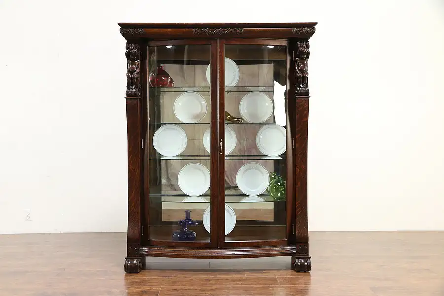 Main image of Oak Antique Curved Glass China Curio Display Cabinet, Angels or Cherubs