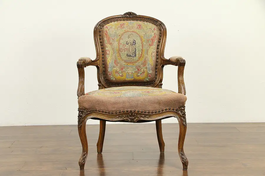 Main image of French Antique Carved Fruitwood Chair, Old Needlepoint & Petit Point