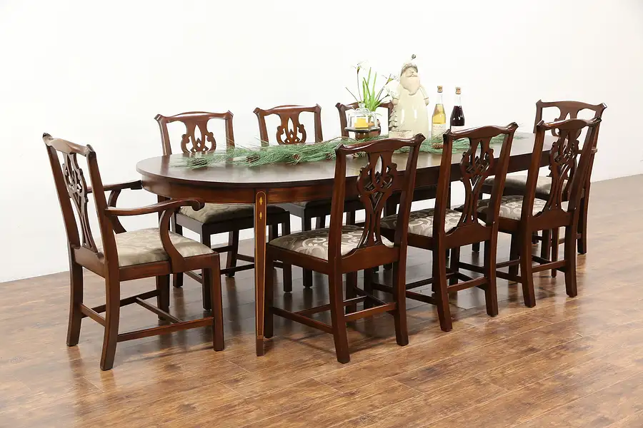 Main image of Traditional Mahogany Dining Set, Table 3 Leaves, 8 Chairs, Signed Henkel Harris