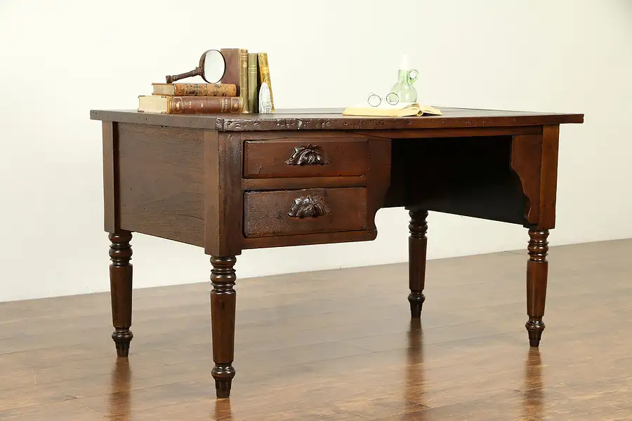 Main image of Victorian Antique Primitive Walnut Desk, Carved Pulls