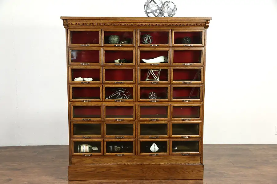 Main image of Oak Antique File Cabinet, 28 Glass Front Display Drawers Signed Warren, Chicago