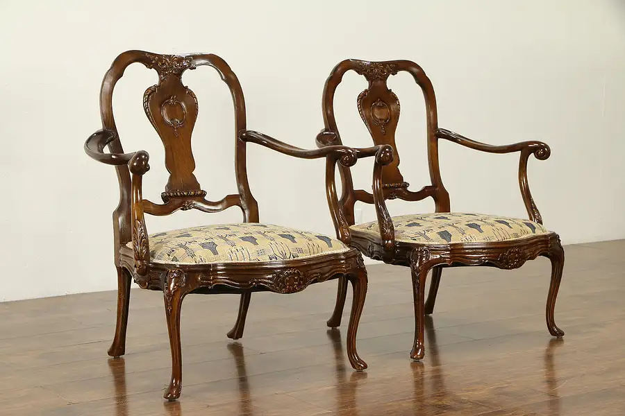 Main image of Pair of French Carved Antique Beech Chairs, Upholstered Seats