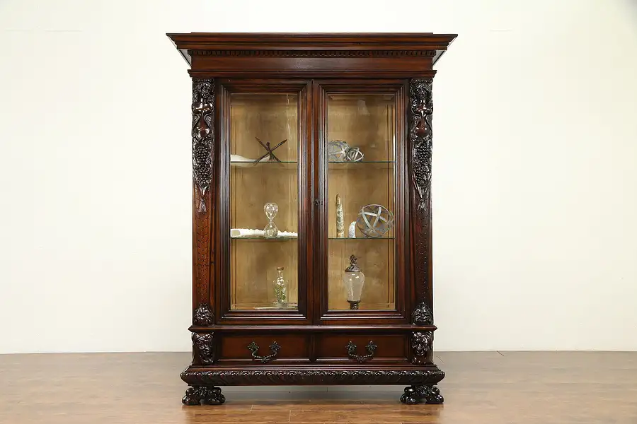 Main image of Italian Renaissance Antique China Curio Display Cabinet, Carved Figures