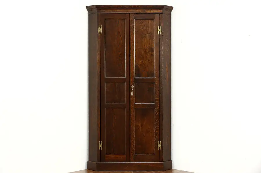 Main image of Oak 1910 Antique Corner Cabinet Armoire, Closet or Wardrobe