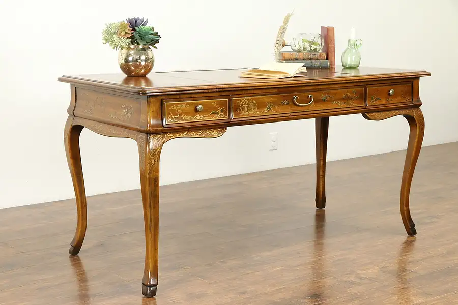 Main image of Carved Fruitwood Vintage Library Desk, Hand Painted, Leather Top, Drexel