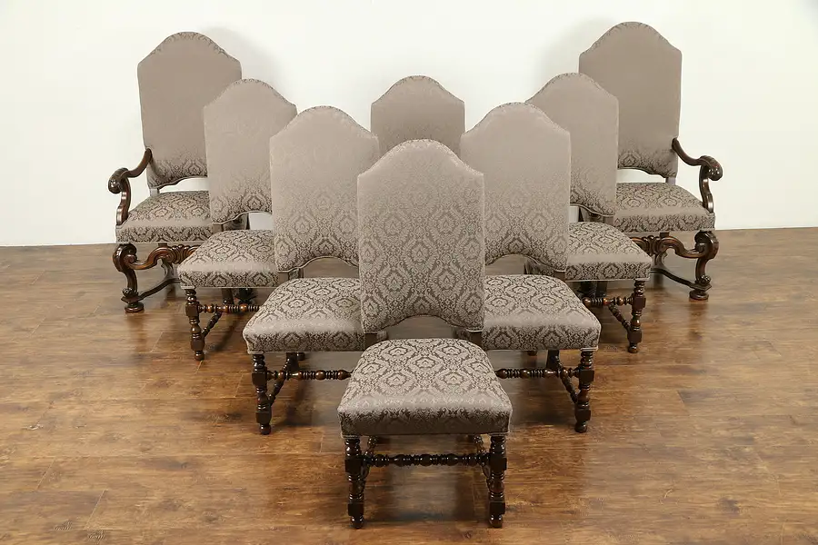 Main image of Set of 8 Antique Carved Walnut Dining Chairs, Widdicomb, New Upholstery