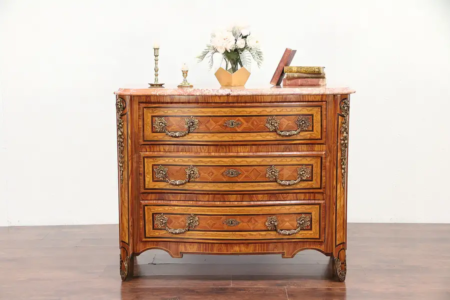 Main image of Tulip and Rosewood Marquetry Italian Marble Top Vintage Chest or Dresser