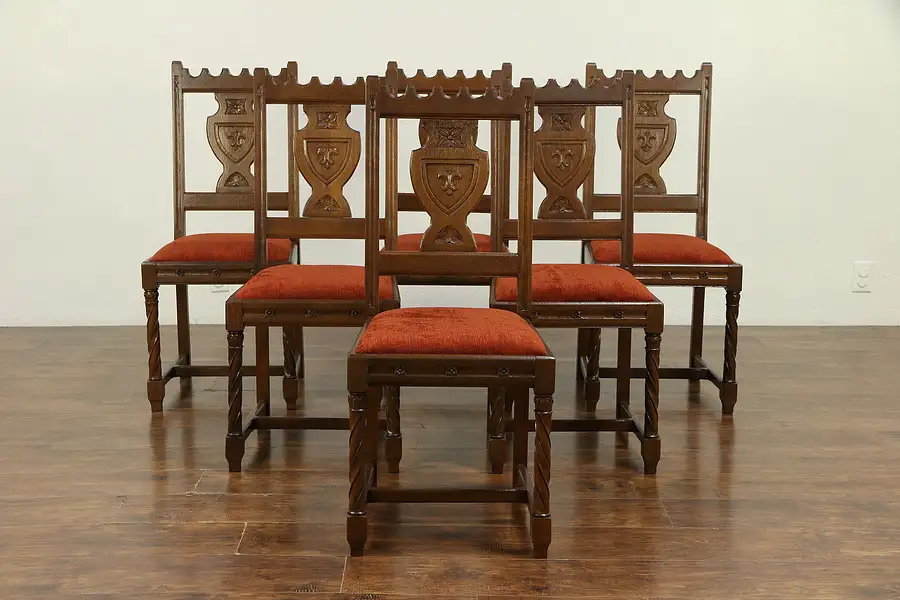 Main image of Set of 6 Antique Gothic Carved Oak Dining Chairs, New Upholstery