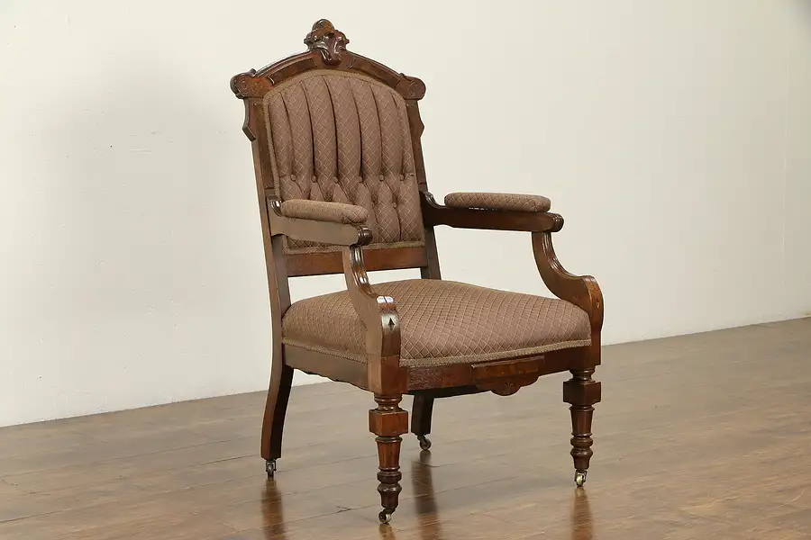 Main image of Victorian Antique Walnut & Burl Chair, Tufted Upholstery