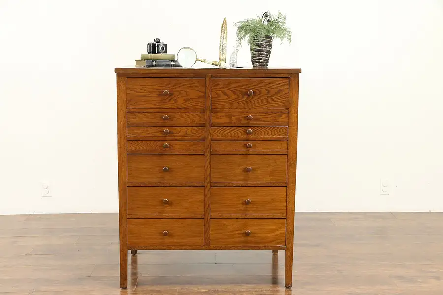 Main image of Oak 14 Drawer 1930 Vintage Lab File Cabinet, Includes 4x6 Files