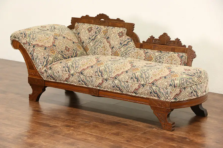 Main image of Victorian Eastlake 1880 Antique Chaise Lounge or Fainting Couch, New Upholstery