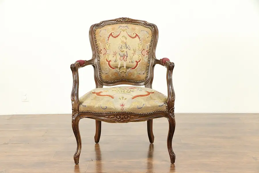 Main image of French 1920 Antique Carved Chair, Needlepoint & Petit Point Upholstery