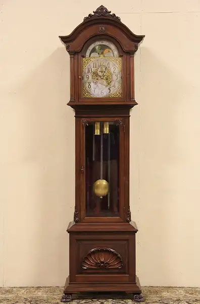 Main image of Elite German 1900 Antique Tall Case Grandfather Clock, Tubular Chimes