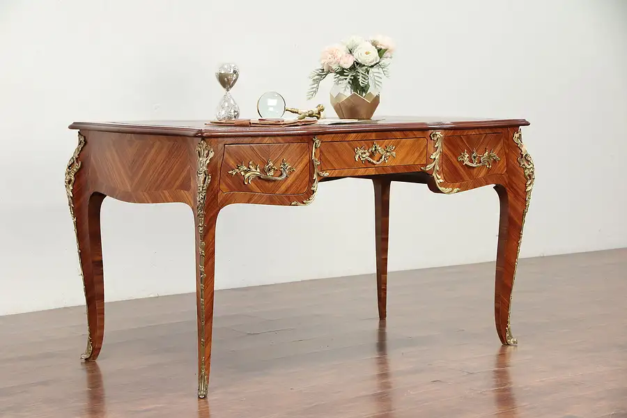 Main image of French Louis XIV Style Antique Tulipwood Library Desk, Brass Mounts