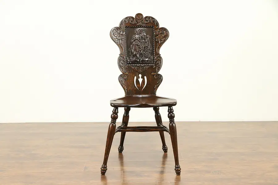 Main image of Oak 1900 Antique Chair, Embossed Leather Courting Couple Panel, Phoenix