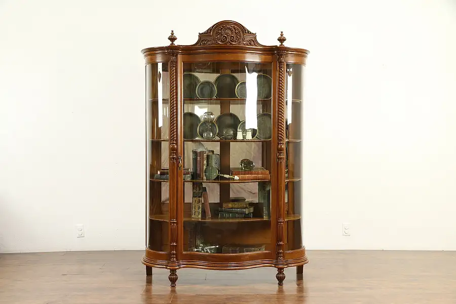 Main image of Victorian Carved Oak Antique 1900 Curved Glass China or Curio Cabinet