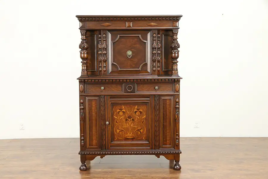 Main image of English Tudor Style Antique China or Bar Cabinet, Marquetry Panel