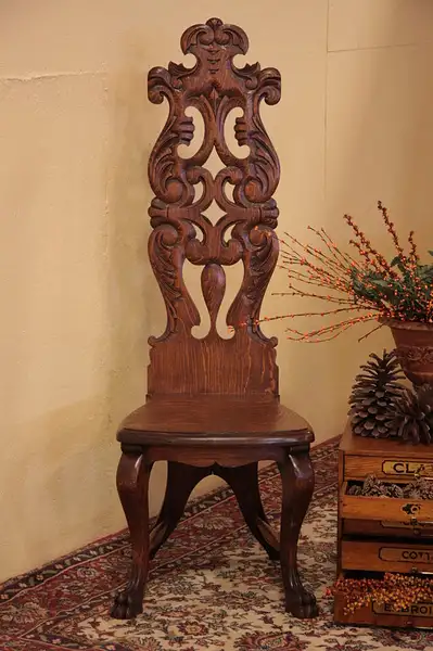 Main image of Victorian Quartersawn Oak Hall Chair, Claw Feet