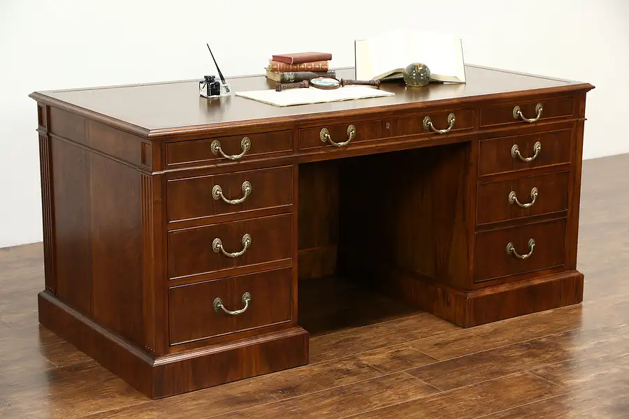 Main image of Traditional Vintage Custom Walnut Executive Office Desk, Tooled Leather Top