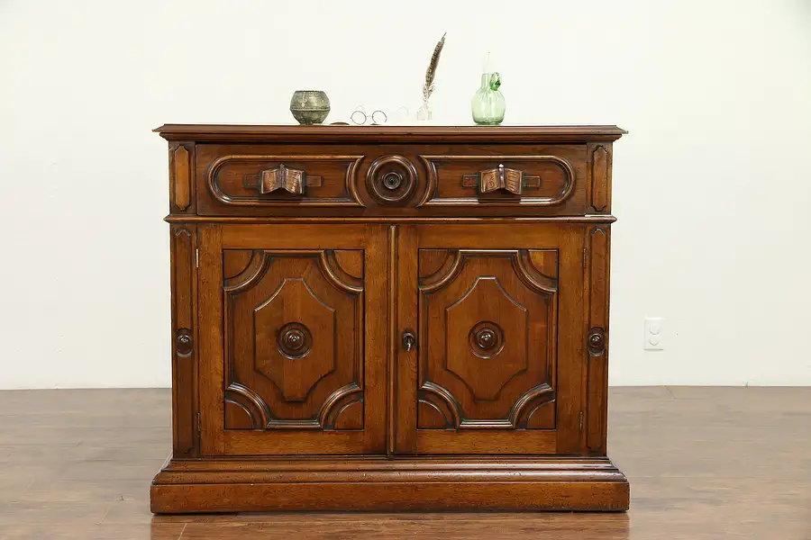 Main image of Victorian Antique Walnut Secretary Desk, Leather, Carved Book Pulls