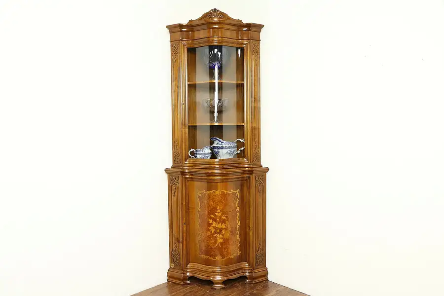 Main image of Curved Glass & Marquetry Vintage Corner Curio Cabinet, Signed Italian