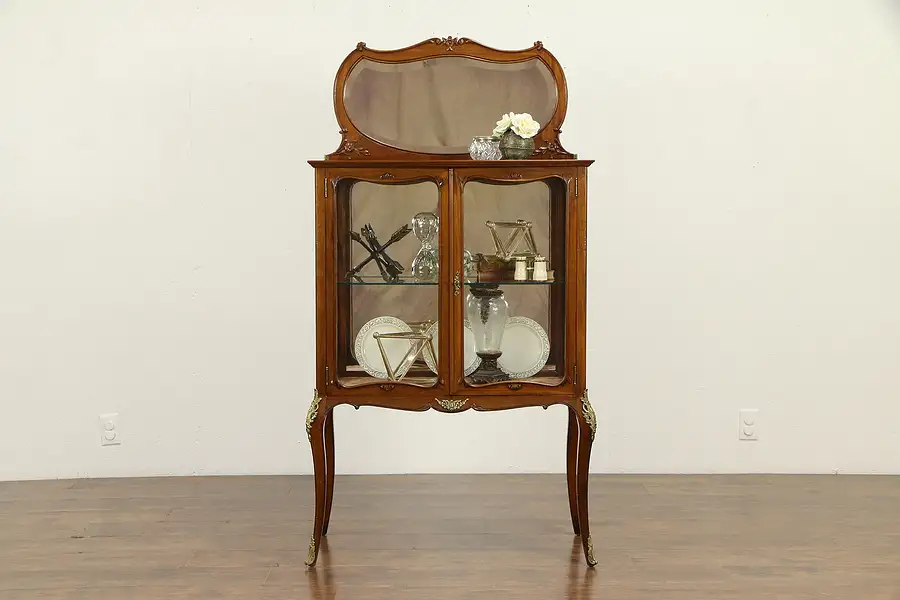 Main image of Carved Mahogany Antique Vitrine Curio Display Cabinet, Beveled Mirror