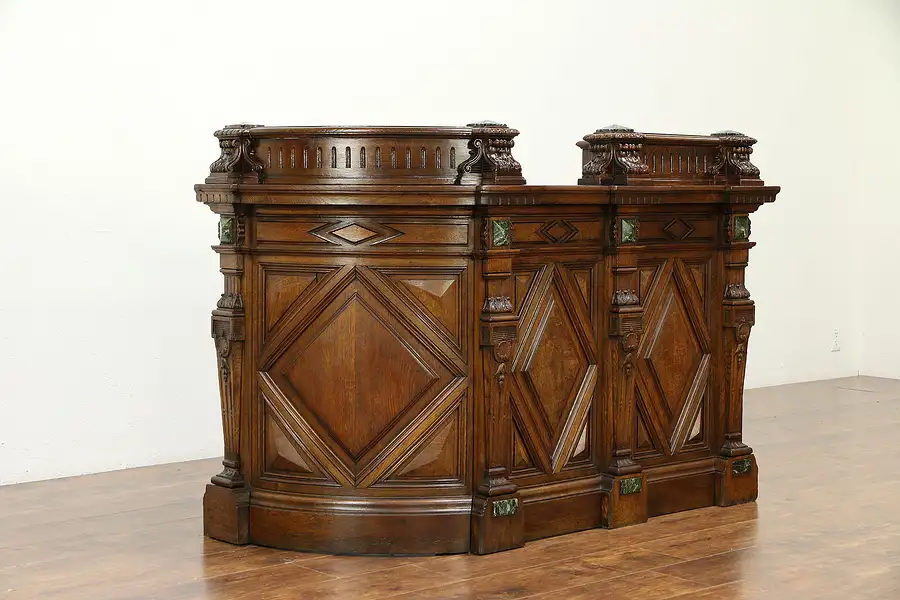 Main image of English Victorian Antique Oak Hotel Reception Desk, Bank Counter or Bar