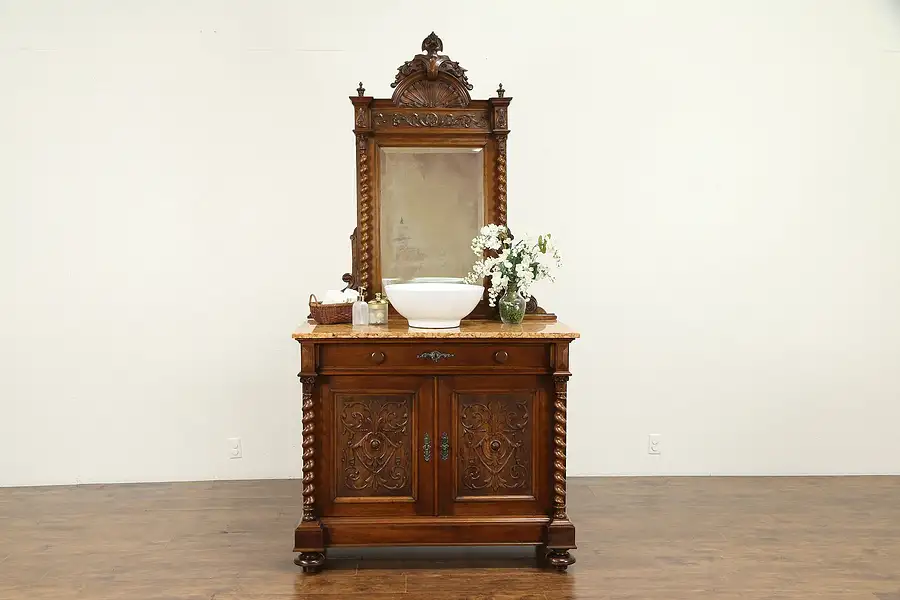 Main image of French Antique Carved Walnut Chest,Sideboard, Sink Vanity Marble & Mirror