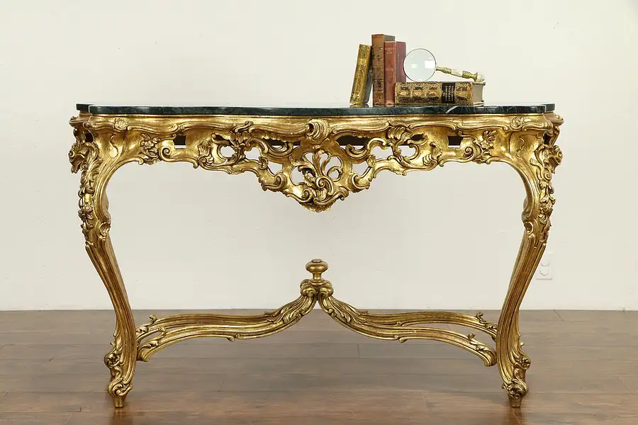 Main image of Italian Vintage Baroque Carved Gold Leaf Console Sofa Table, Marble Top