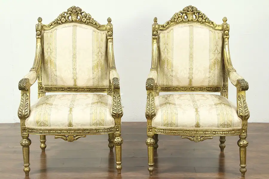 Main image of Pair of Carved Vintage Arm Chairs, Distressed Gold Finish