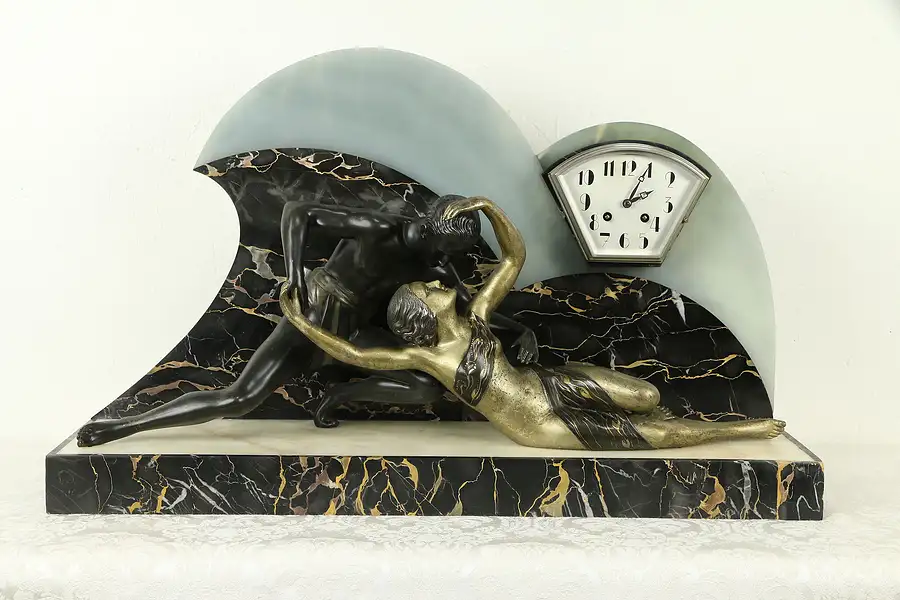 Main image of French Art Deco Antique Marble Clock, Kissing Couple Sculpture