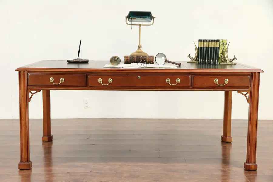 Main image of Cherry Vintage Library Writing Desk, Tooled Leather, Signed Harden