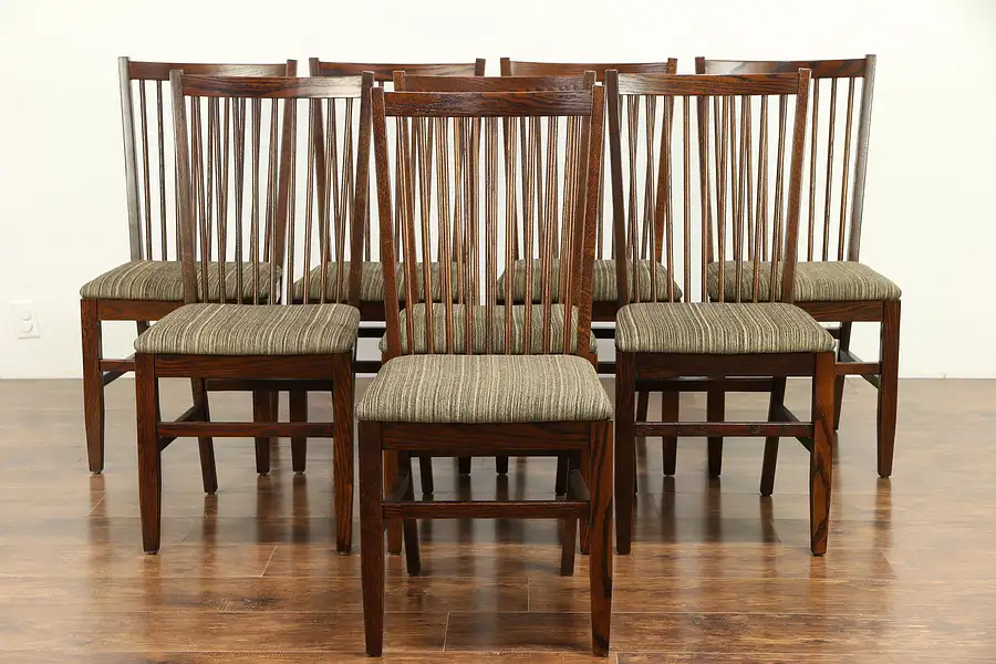 Main image of Set of 8 Oak Dining Chairs, New Upholstery, Signed Dinaire 2006