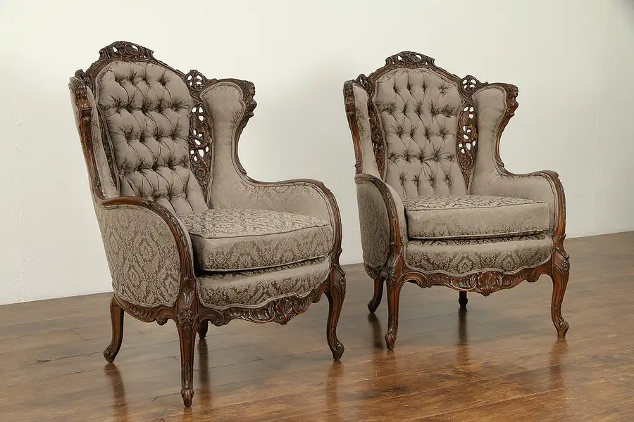 Main image of Pair of Music Room Wing Chairs, Carved Figures, New Upholstery