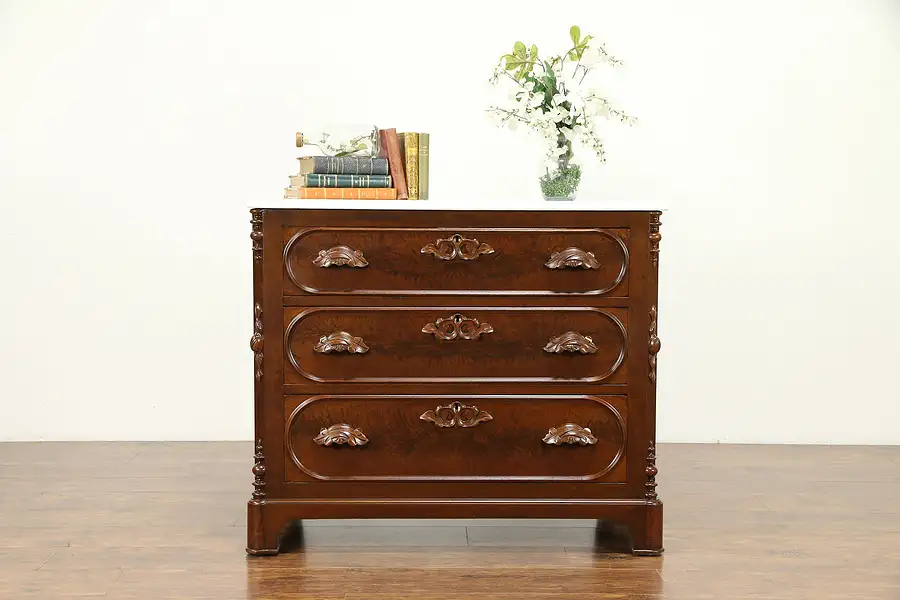 Main image of Victorian Antique Carved Walnut Dresser or Linen Chest, Marble Top