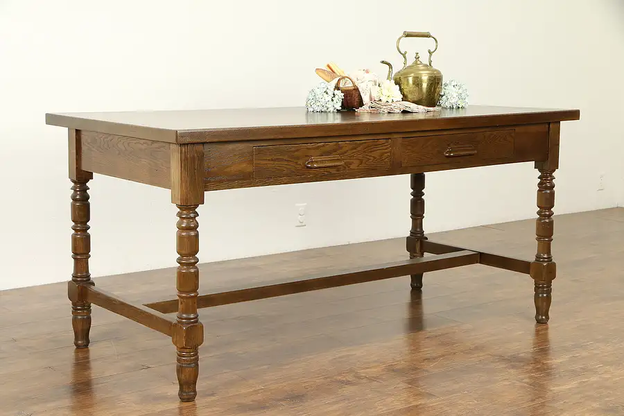 Main image of Victorian Antique Oak Library Table or Writing Desk, 2 Drawers