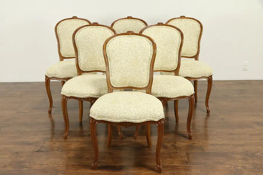 Main image of Set of 6 French Carved Beech Vintage Dining Chairs, New Upholstery