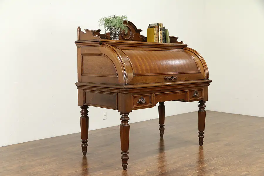 Main image of Victorian Antique Carved Walnut Cylinder Roll Top Desk, Leather Top