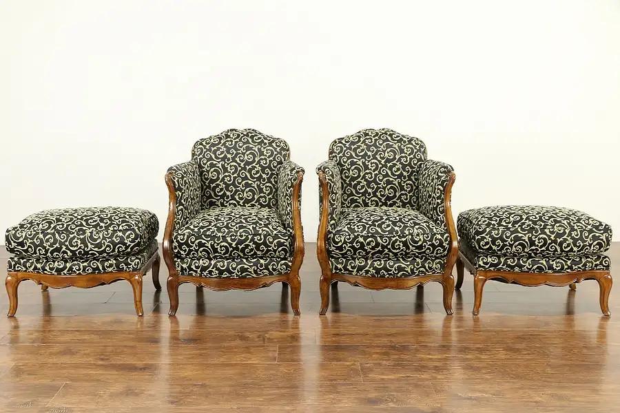 Main image of Pair Country French Vintage Chaise Chairs & Ottomans, New Upholstery