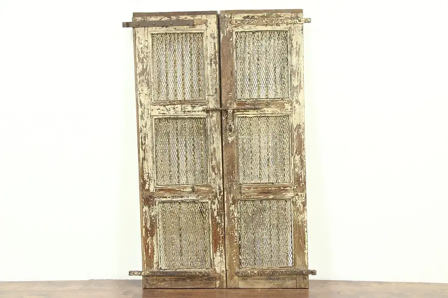 Main image of India Antique Architectural Salvage Pair 20" Cream Doors, Iron Bars Wine Cellar