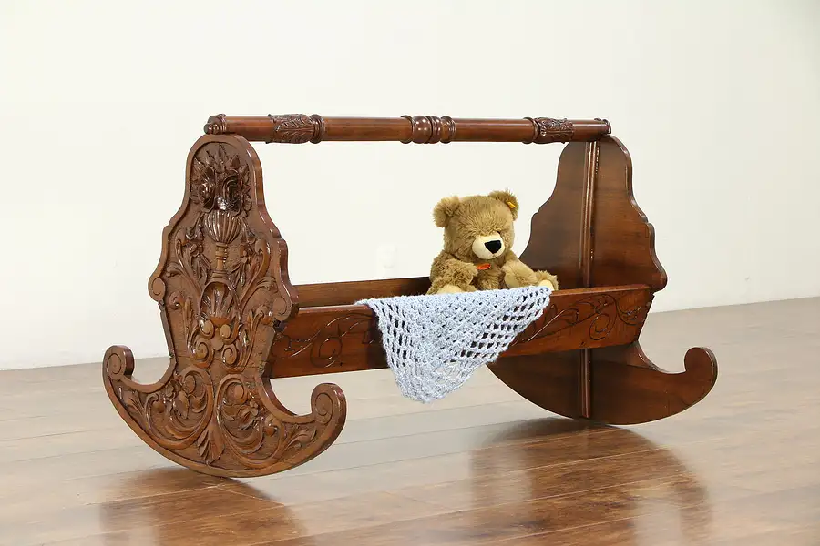 Main image of Italian Antique Hand Carved Walnut Rocking Baby Cradle Bed