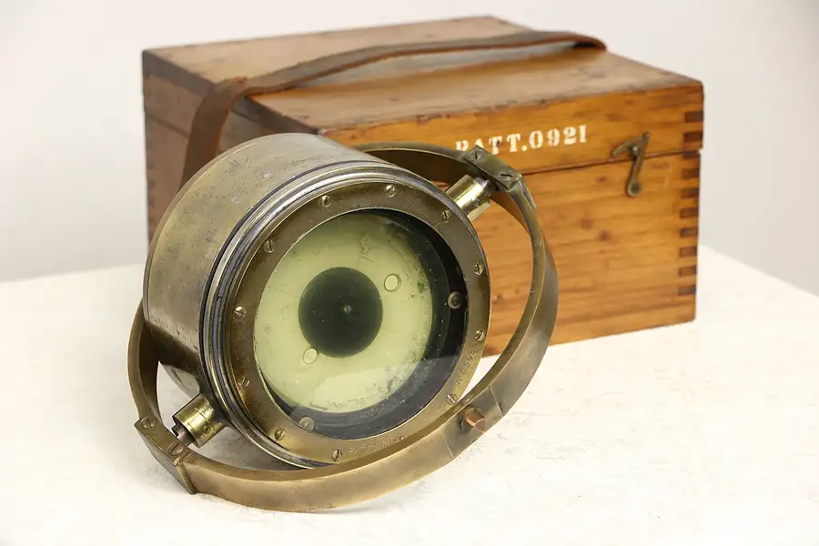 Main image of Ship Compass & Case, Brass 1920's Antique Nautical Instrument, Liquid Filled