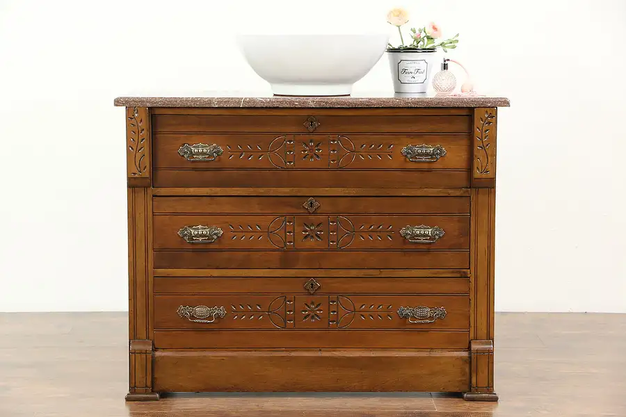 Main image of Victorian Eastlake Cherry Antique 1890 Chest or Dresser, Marble Top