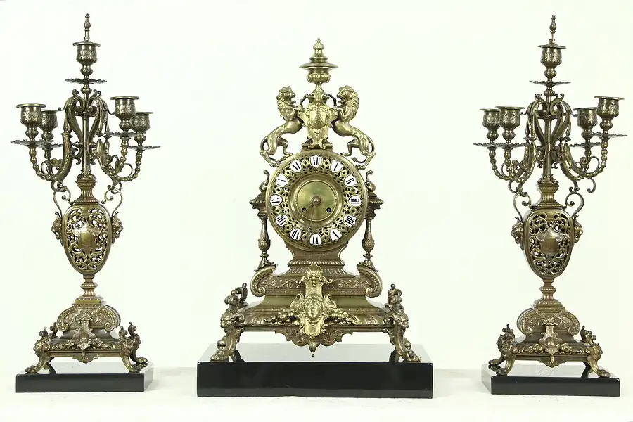 Main image of Tiffany Signed Antique French 3 Pc. Clock Set, Candelabra, Lions & Marble