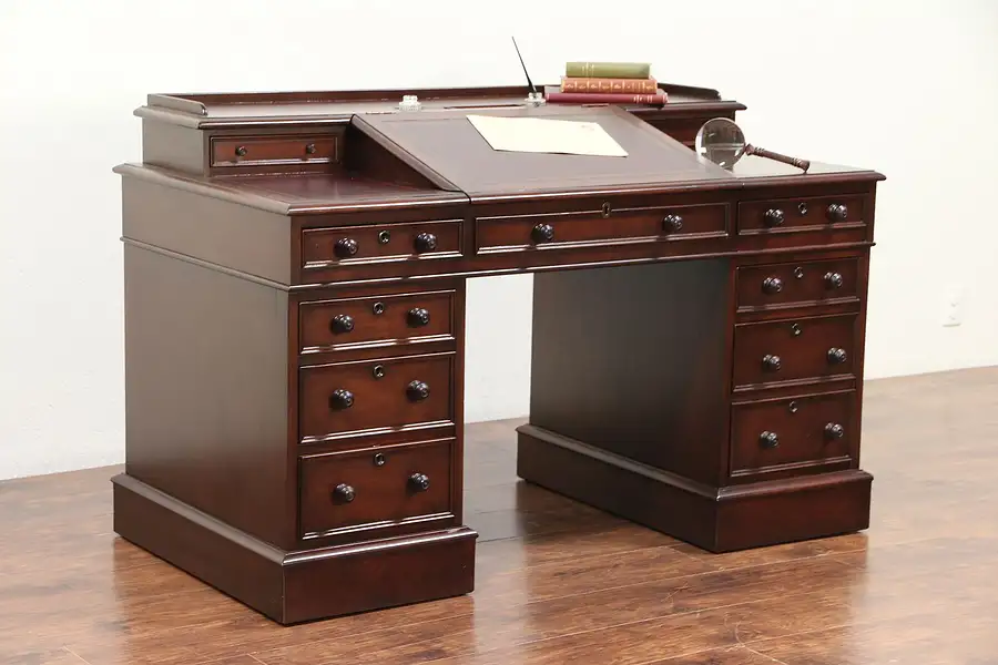 Main image of Charles Dickens Replica Mahogany Desk, Tooled Leather, Signed Hekman