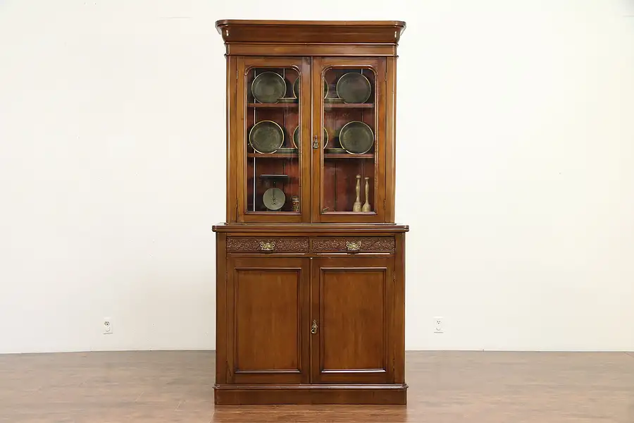 Main image of Victorian English Antique Mahogany Bookcase Cabinet, Wavy Glass Doors