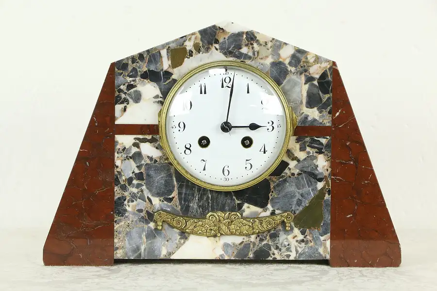 Main image of French Art Deco Period Antique Marble Mantel Clock, Signed FC