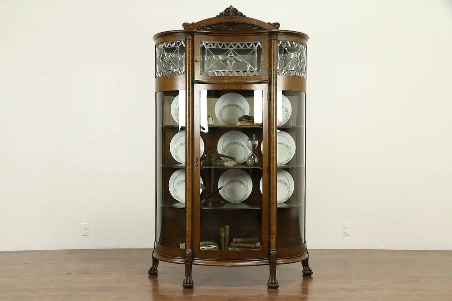 Main image of Victorian Antique Oak Curved, Leaded Glass China Curio Display Cabinet