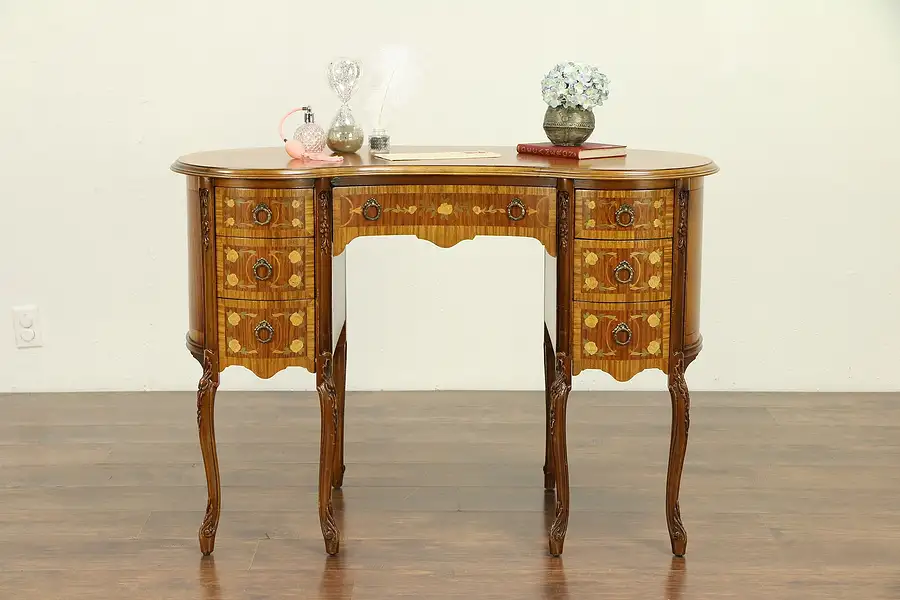 Main image of Kidney Shape Vintage Carved Mahogany Desk, Marquetry & Banding